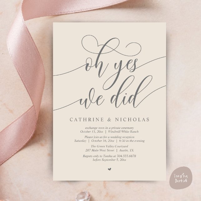 Convites Sim, Fizemos, Recepção de casamento Moderna de Scr (Oh Yes, We Did, Modern Script Wedding Reception Invitation Card PDF Cream Grey)