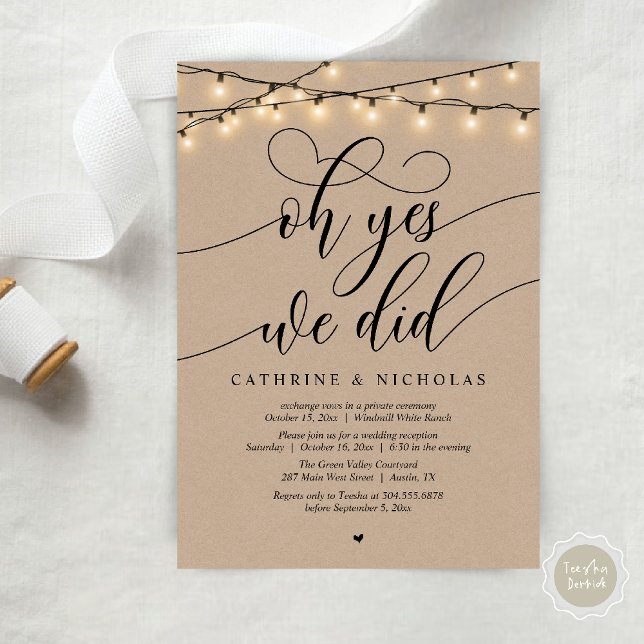 Convites Sim, Fizemos, Recepção de casamento Moderna de Scr (Oh Yes, We Did, Modern Script Wedding Reception Invitation Card PDF Brown Kraft String Lights)