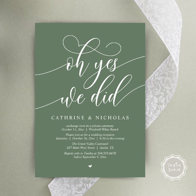 Convites Sim, Fizemos, Recepção de casamento Moderna de Scr (Oh Yes, We Did, Modern Script Wedding Reception Invitation Card PDF Sage Green)