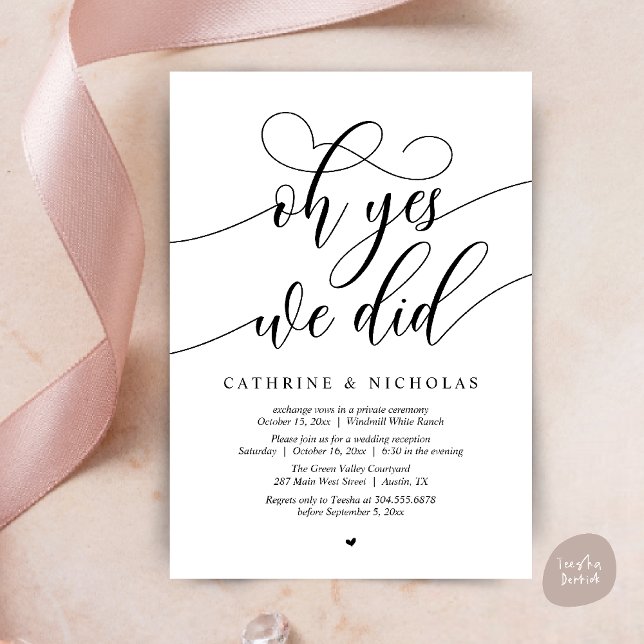 Convites Sim, Fizemos, Recepção de casamento Moderna de Scr (Oh Yes, We Did, Modern Script Wedding Reception Invitation Card PDF Black White)