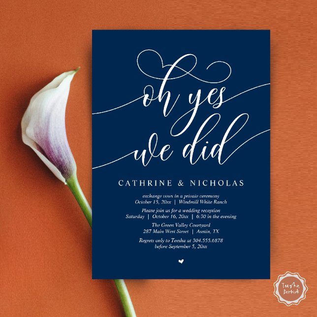 Convites Sim, Fizemos, Recepção de casamento Moderna de Scr (Oh Yes, We Did, Modern Script Wedding Reception Invitation Card PDF Navy Blue)