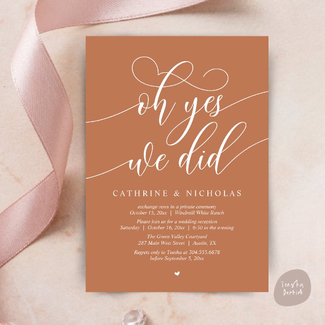 Convites Sim, Fizemos, Recepção de casamento Moderna de Scr (Oh Yes, We Did, Modern Script Wedding Reception Invitation Card PDF Copper Brown)