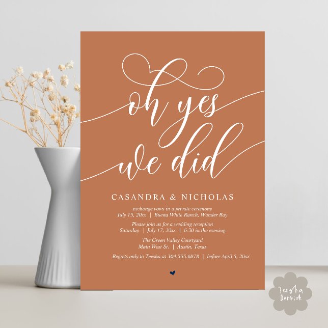 Convites Sim, Fizemos, Recepção de casamento Moderna de Scr (Oh Yes, We Did, Modern Romantic Modern Wedding Reception Invitation Card PDF Copper Brown)