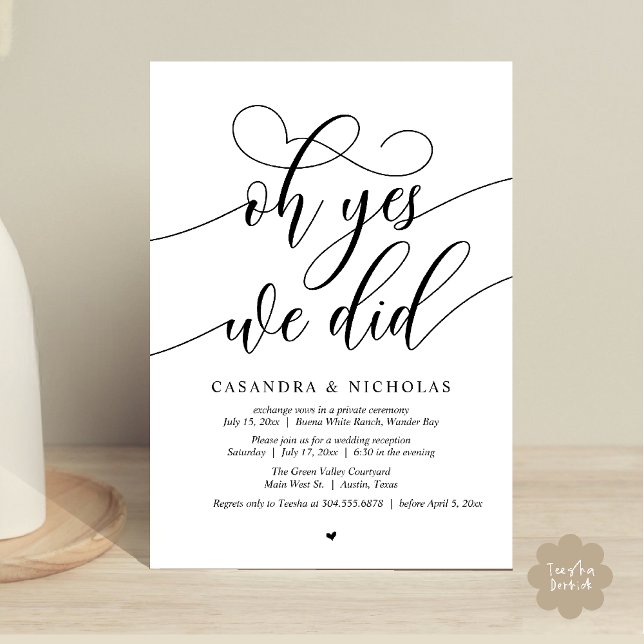 Convites Sim, Fizemos, Recepção de casamento Moderna de Scr (Oh Yes, We Did, Modern Romantic Modern Wedding Reception Invitation Card PDF Classy Black White)