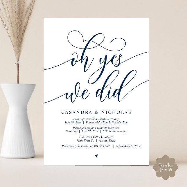 Convites Sim, Fizemos, Recepção de casamento Moderna de Scr (Oh Yes, We Did, Modern Romantic Modern Wedding Reception Invitation Card PDF Classy Navy Blue)