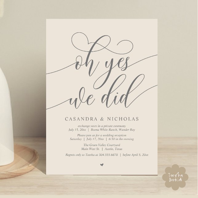 Convites Sim, Janto de Elopetes Modernos (Oh Yes, We Did, Modern Romantic Modern Wedding Reception Invitation Card PDF Classy Cream Grey)