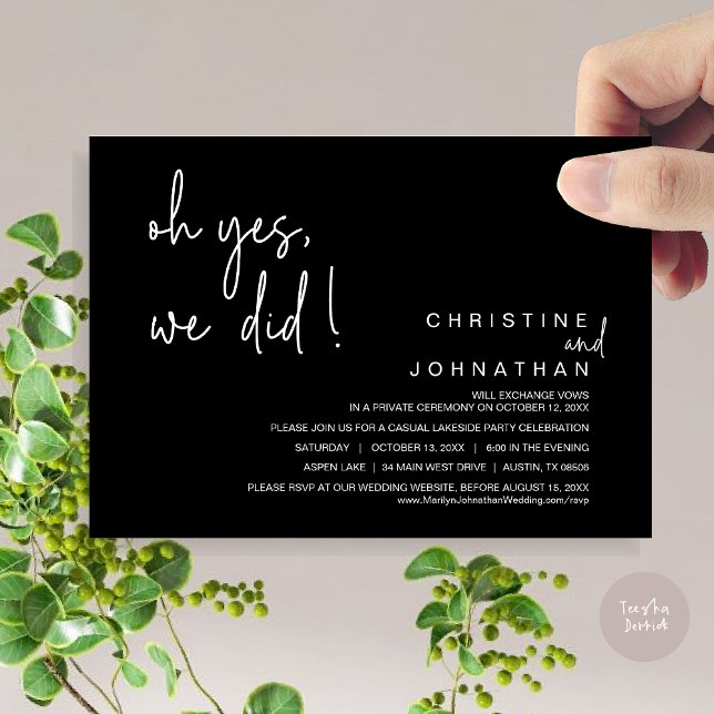 Convites Sim, Nós Fizemos, Elopemento De Casamento, Negro C (Oh Yes, We Did, Modern Wedding Elopement Dinner Party Invitation Card, PDF, Classy Black)