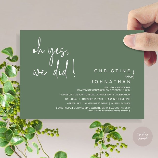 Convites Sim, Nós Fizemos, Elopemento De Casamento, Sage Gr (Oh Yes, We Did, Modern Wedding Elopement Dinner Party Invitation Card, PDF, Sage Green)