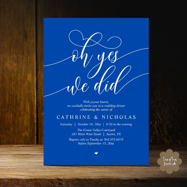 Convites Sim, Nós Fizemos, Jantar de Casamento Intimo Moder (Oh Yes, We Did, Modern Romantic Wedding Elopement Dinner Invitation Card in Cobalt Blue and Ivory)