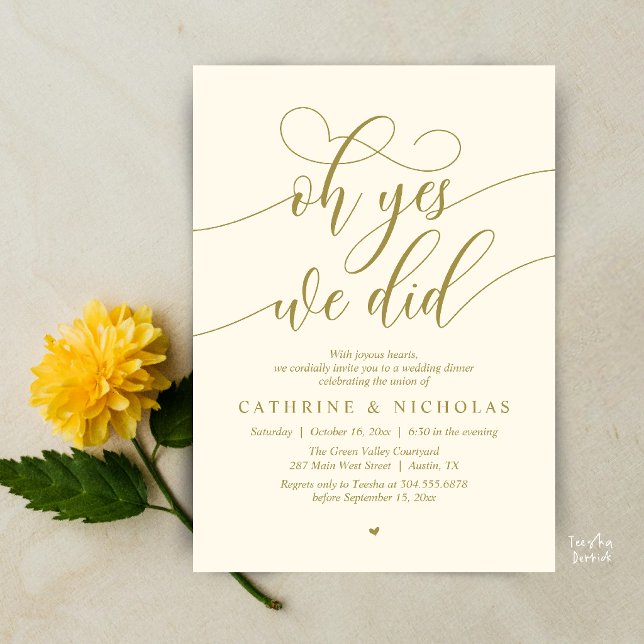 Convites Sim, Nós Fizemos, Jantar de Casamento Intimo Moder (Oh Yes, We Did, Modern Romantic Wedding Elopement Dinner Invitation Card in Yellow Gold Cream)