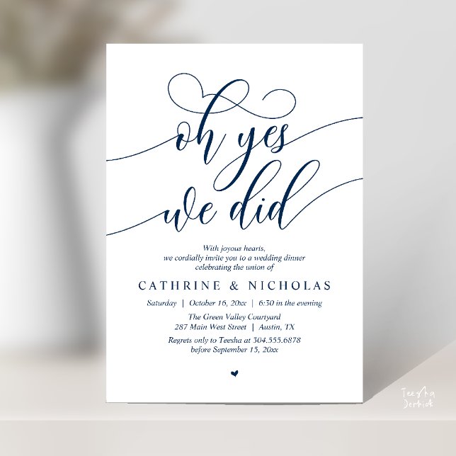 Convites Sim, Nós Fizemos, Jantar de Casamento Intimo Moder (Oh Yes, We Did, Modern Romantic Wedding Elopement Dinner Invitation Card in Navy Blue)