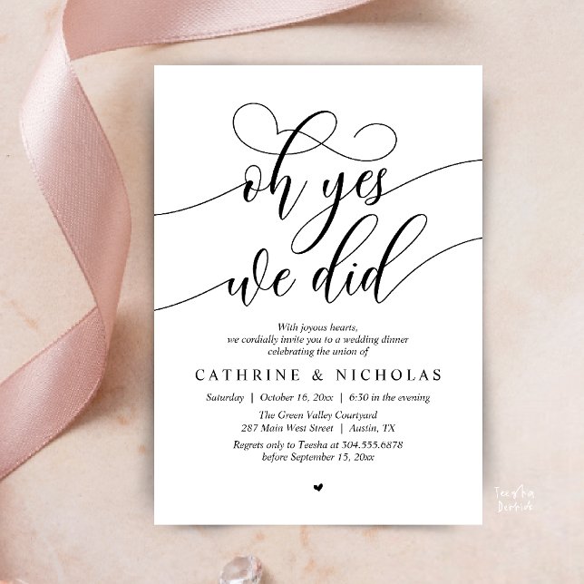 Convites Sim, Nós Fizemos, Jantar de Casamento Intimo Moder (Oh Yes, We Did, Modern Romantic Wedding Elopement Dinner Invitation Card in Black and White)