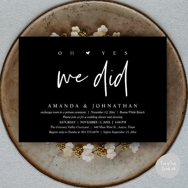 Convites Sim, Nós Fizemos, Jantar de Casamento Intimo Moder (Oh Yes, We Did, Modern Wedding Elopement Dinner Modern Clean Invitation Card PDF in Classy Black)