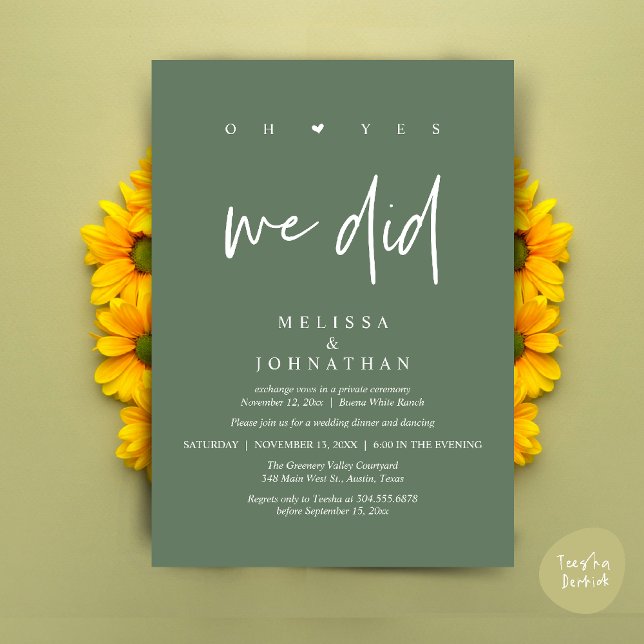 Convites Sim, Nós Fizemos, Jantar de Casamento Intimo Moder (Oh Yes, We Did, Modern Wedding Elopement Dinner Modern Clean Invitation Card PDF in Sage Green)