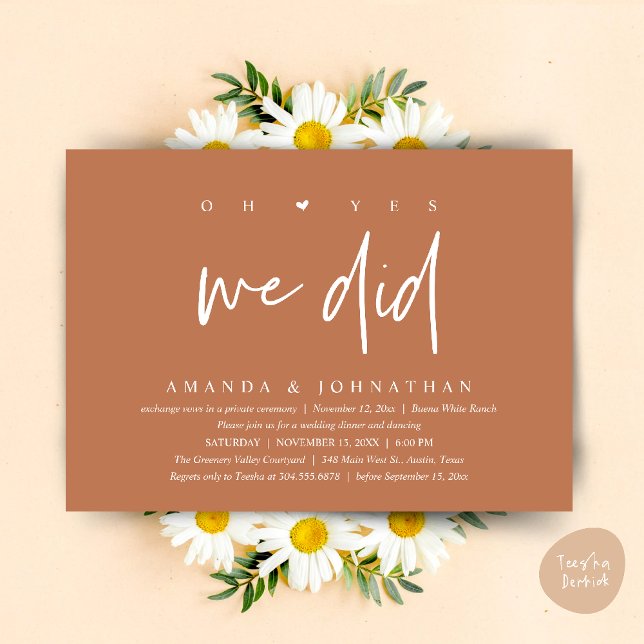 Convites Sim, Nós Fizemos, Jantar de Casamento Intimo Moder (Oh Yes, We Did, Modern Wedding Elopement Dinner Modern Clean Invitation Card PDF in Copper Brown)