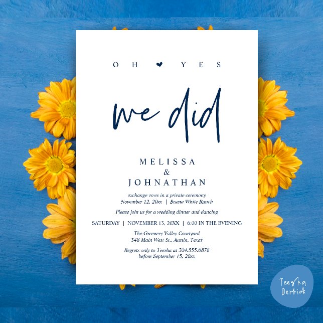 Convites Sim, Nós Fizemos, Jantar de Casamento Intimo Moder (Oh Yes, We Did, Modern Wedding Elopement Dinner Modern Clean Invitation Card PDF in Navy Blue)