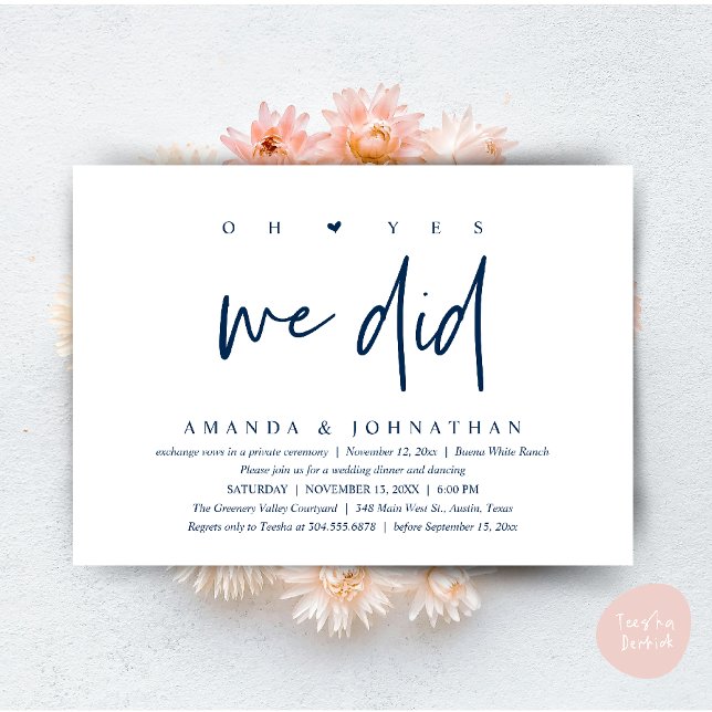 Convites Sim, Nós Fizemos, Jantar de Casamento Intimo Moder (Oh Yes, We Did, Modern Wedding Elopement Dinner Modern Clean Invitation Card PDF in Navy Blue)