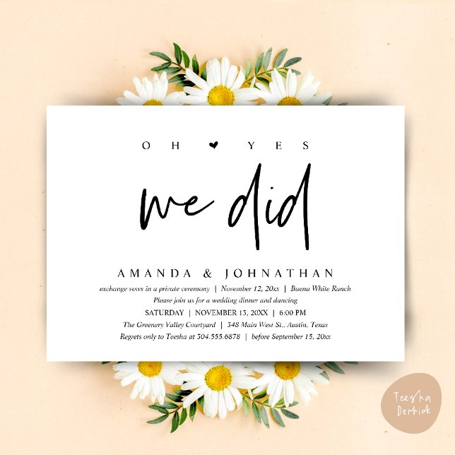 Convites Sim, Nós Fizemos, Jantar de Casamento Intimo Moder (Oh Yes, We Did, Modern Wedding Elopement Dinner Modern Clean Invitation Card PDF in Black White)