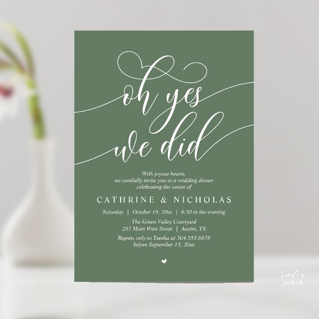 Convites Sim, Nós Fizemos, Jantar de Casamento Moderno com  (Oh Yes, We Did, Modern Romantic Wedding Elopement Dinner Invitation Card in Forest Sage Green)
