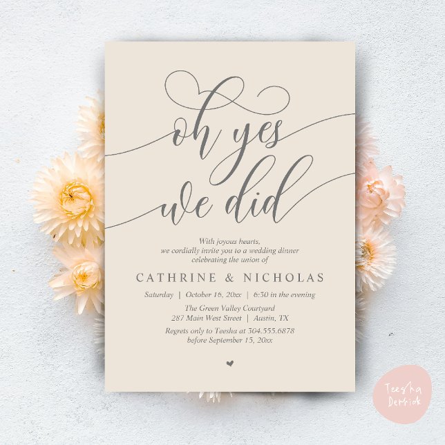 Convites Sim, Nós Fizemos, Jantar de Casamento Moderno com  (Oh Yes, We Did, Modern Romantic Wedding Elopement Dinner Invitation Card in Cream Grey)
