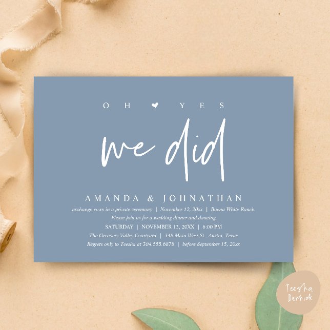 Convites Sim, Nós Fizemos, Jantar de Casamento Moderno com  (Oh Yes, We Did, Modern Wedding Elopement Dinner Modern Clean Invitation Card PDF in Dusty Blue)