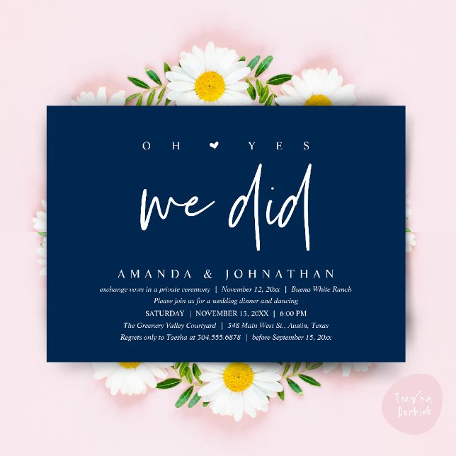 Convites Sim, Nós Fizemos, Jantar de Casamento Moderno com  (Oh Yes, We Did, Modern Wedding Elopement Dinner Modern Clean Invitation Card PDF in Navy Blue)
