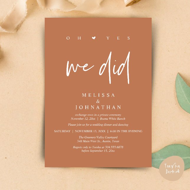 Convites Sim, Nós Fizemos, Jantar de Casamento Moderno com  (Oh Yes, We Did, Modern Wedding Elopement Dinner Modern Clean Invitation Card PDF in Copper Brown)