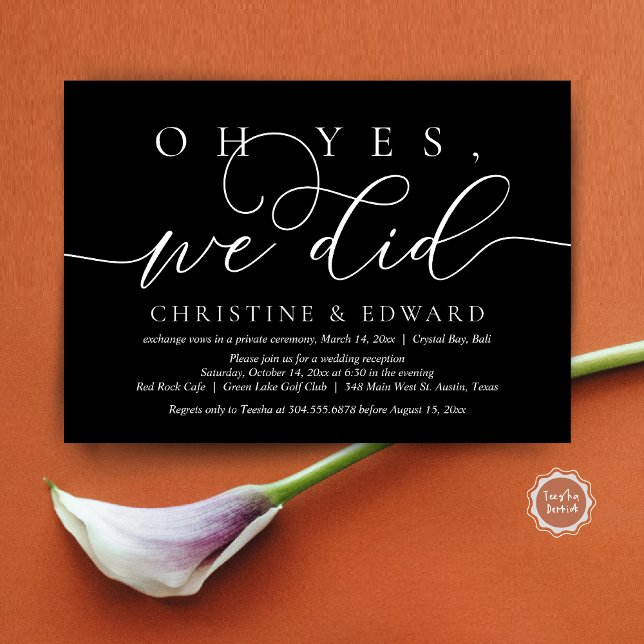 Convites Sim, Nós Fizemos, Jantar Romântico de Casamento Fu (Oh Yes, We Did, Wedding Elopement Dinner Invitation Card, PDF, Modern Romantic, in Elegant Black)