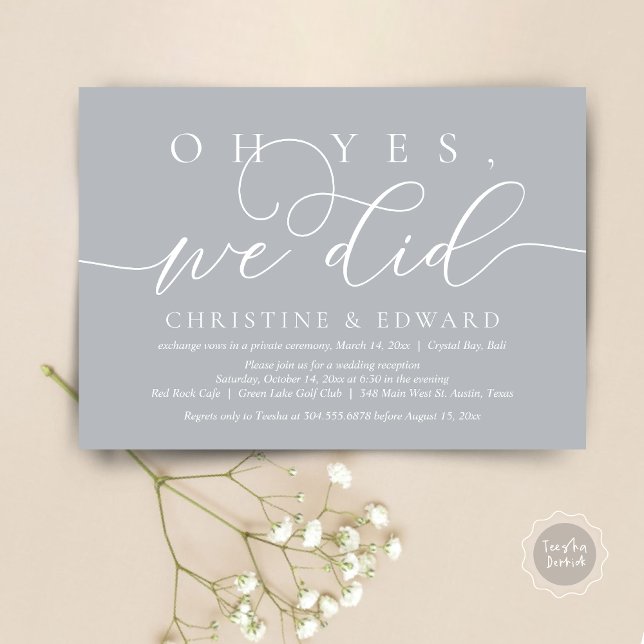 Convites Sim, Nós Fizemos, Jantar Romântico de Casamento Fu (Oh Yes, We Did, Wedding Elopement Dinner Invitation Card, PDF, Modern Romantic, in Chill Grey)