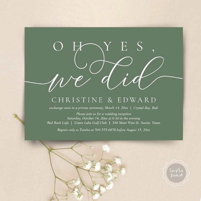 Convites Sim, Nós Fizemos, Jantar Romântico de Fuga de Casa (Oh Yes, We Did, Wedding Elopement Dinner Invitation Card, PDF, Modern Romantic, in Forest Sage Green)