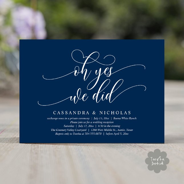 Convites Sim, Nós Fizemos, Recepção de casamento Romântica  (Oh Yes, We Did, Modern Romantic Modern Wedding Reception Invitation Card PDF Classy Navy Blue)
