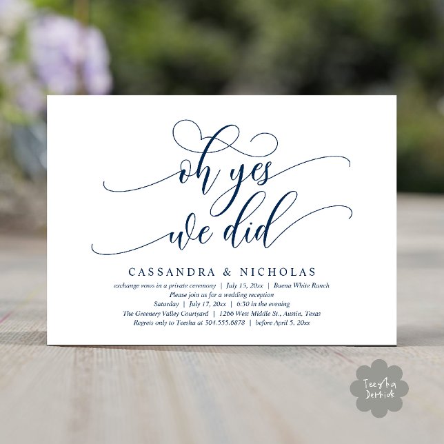 Convites Sim, Nós Fizemos, Recepção de casamento Romântica  (Oh Yes, We Did, Modern Romantic Modern Wedding Reception Invitation Card PDF Classy Navy Blue)