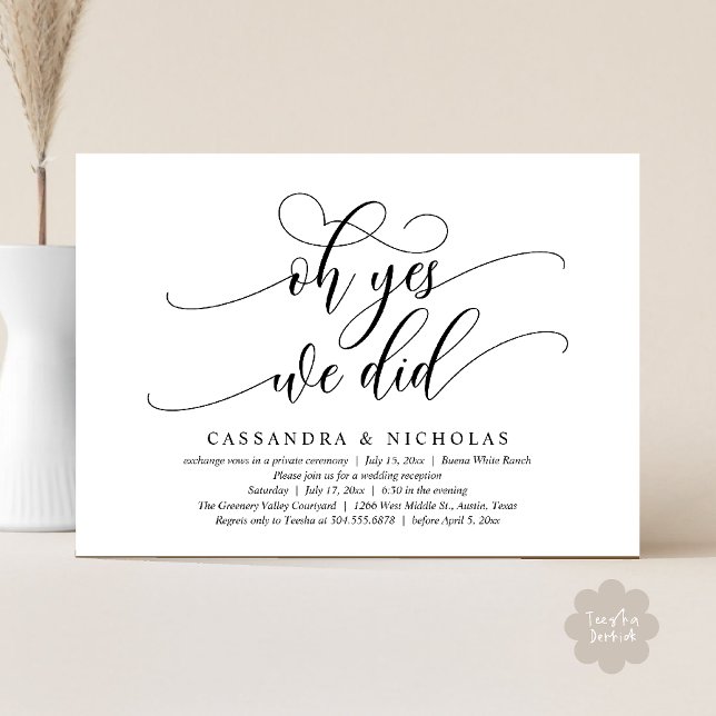 Convites Sim, Nós Fizemos, Recepção de casamento Romântica  (Oh Yes, We Did, Modern Romantic Modern Wedding Reception Invitation Card PDF Classy Black White)