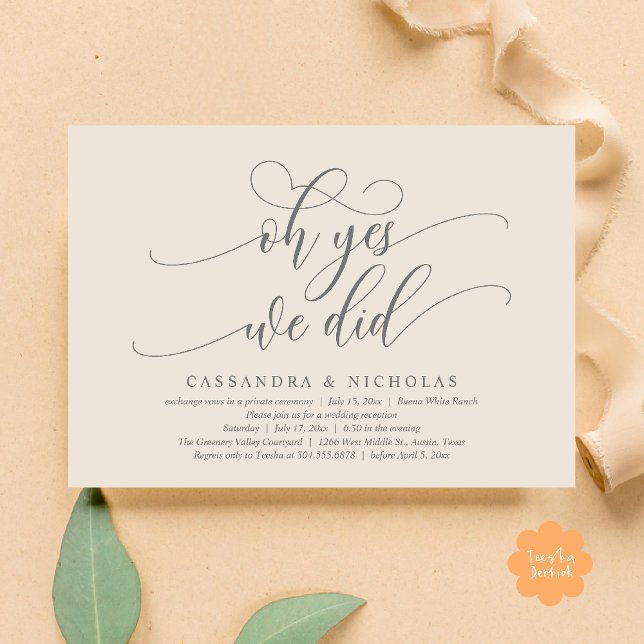 Convites Sim, Nós Fizemos, Recepção de casamento Romântica  (Oh Yes, We Did, Modern Romantic Modern Wedding Reception Invitation Card PDF Classy Cream Grey)