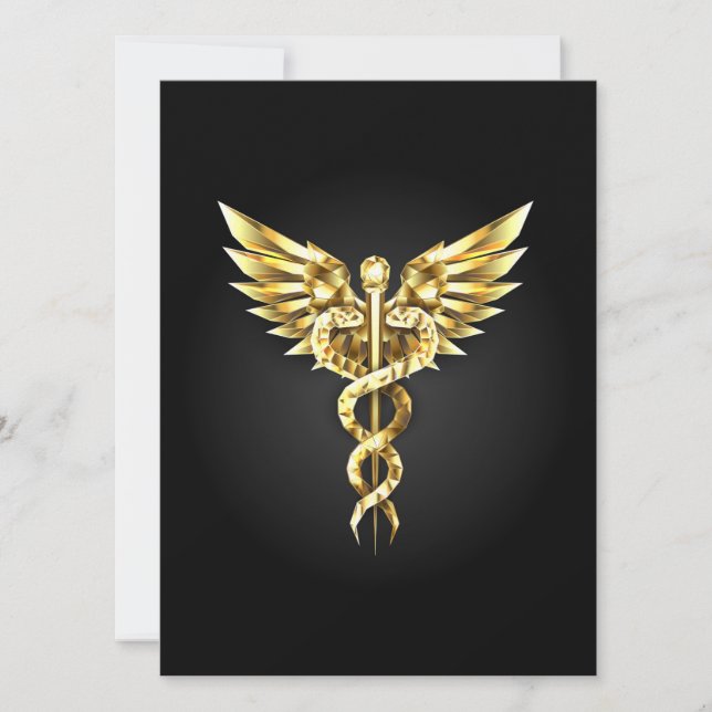 Convites Símbolo Caduceu Poligonal Dourado (Frente)
