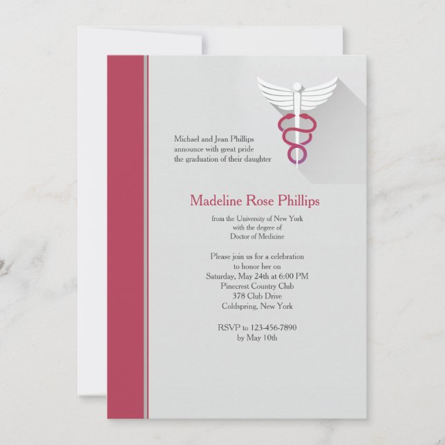 Convites Símbolo Caduceus Red Trim Graduation Invitation (Frente)