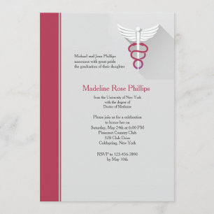 Convites Símbolo Caduceus Red Trim Graduation Invitation