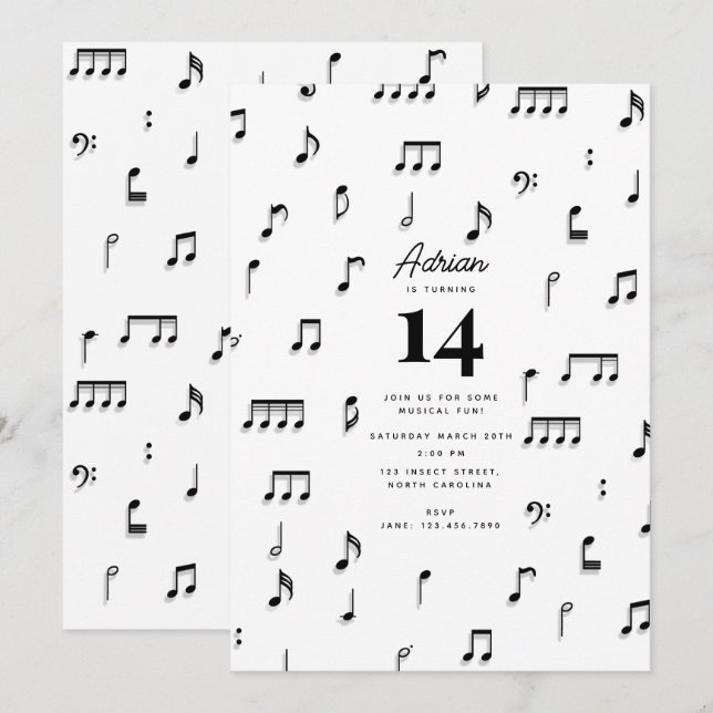 Convites Símbolo de Notas Musicais Preto e Branco Aniversár (Frente/Verso)