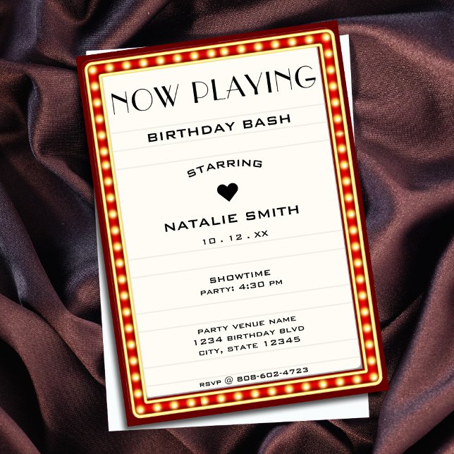 Convites Símbolo vermelho de letreiro do cinema retrô - Ani (Retro Cinema Theater Marquee Sign Red Birthday Invitation)