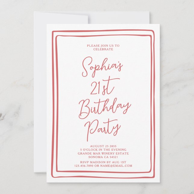 Convites Simple 21st Birthday Hand drawn Script Red Photo (Frente)