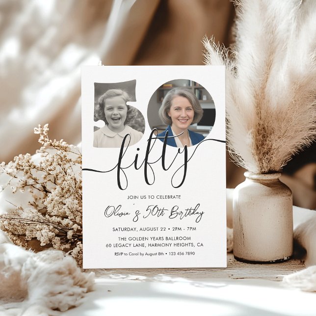 Convites Simple Adult 50th Birthday Black and White (Criador carregado)