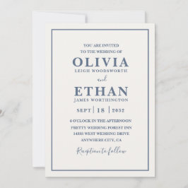 Convites Simple Beige Dusty Blue Minimalist Border Wedding