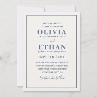 Convites Simple Beige Dusty Blue Minimalist Border Wedding