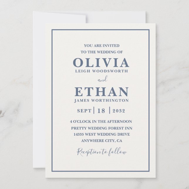 Convites Simple Beige Dusty Blue Minimalist Border Wedding  (Frente)