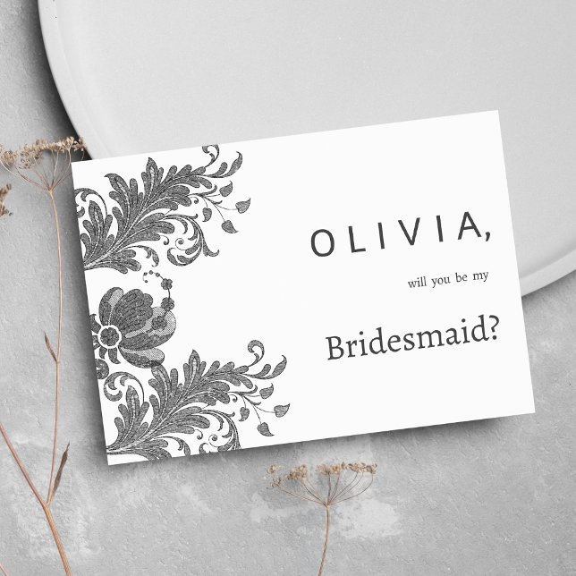 Convites Simple black white glitter floral lace Bridesmaid (Simple black white glitter floral lace Bridesmaid )