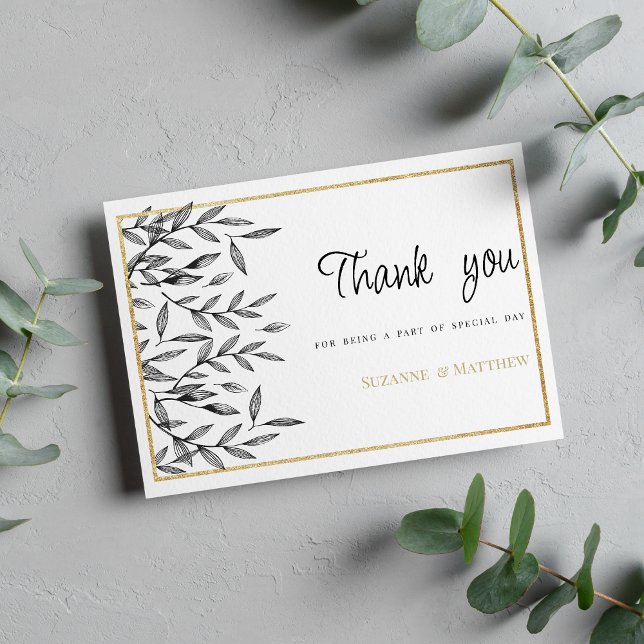 Convites Simple black white gold floral foliage Thank You (Simple black white gold floral foliage Thank You )