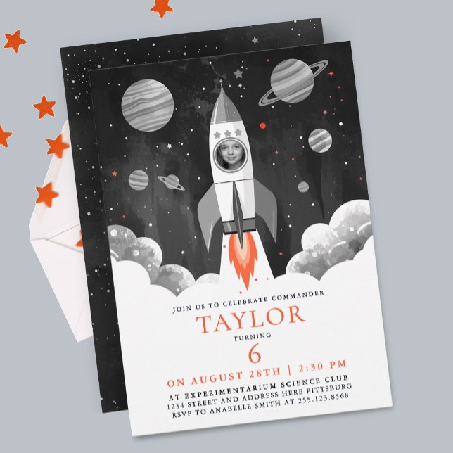 Convites Simple Black White Rocket Ship Moon Galaxy Photo (Criador carregado)