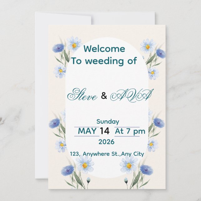 Convites Simple Blue Floral Wedding Invitation (Frente)