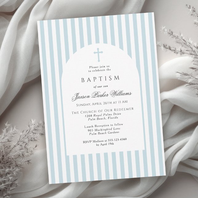 Convites Simple Blue Stripes Baptism Invitation for Boy (Available in both printed and instant download digital formats.)