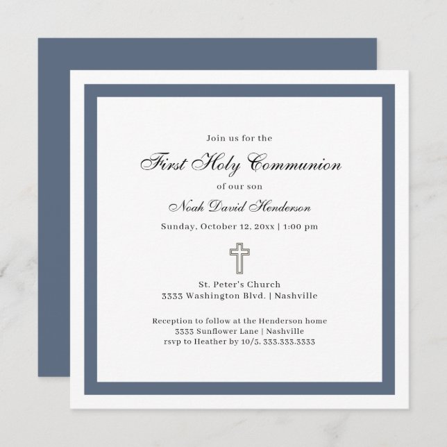Convites Simple Blue White First Holy Communion  (Frente/Verso)